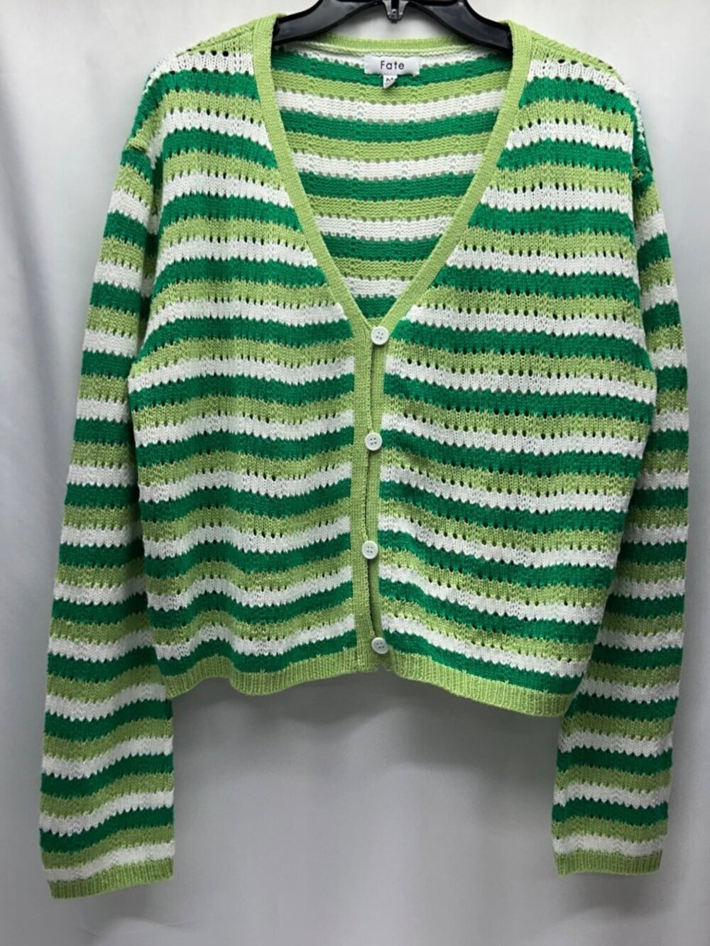 Green & White Striped Open Knit Button-Up Cardigan Sweater Size M Fate